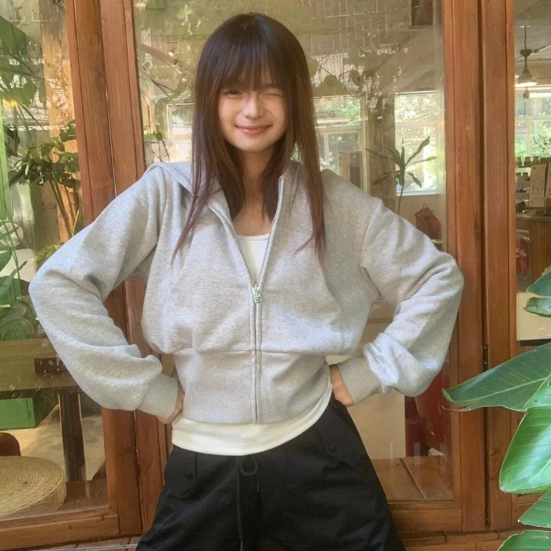 Deeptown Vintage Grey Zipper Hoodies Women Korean Style Casual Short Hooded Sweatshirts Harajuku Retro Classic Hoodies Street