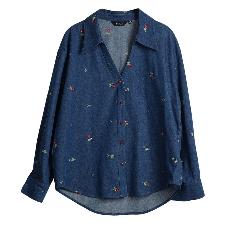 Kurtka jeansowa damska OLRain, vintage, kwiatowy haft 3D, styl prairie chic, kołnierzyk wykładany, płaszcze jeansowe damskie O57QC001682