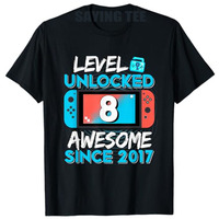 Level 8 Unlocked Awesome 2017 8th Birthday Gifts 8 Years Old T-Shirt Gift Video Game Controller Gamer Graphic Outfit Saying Tee