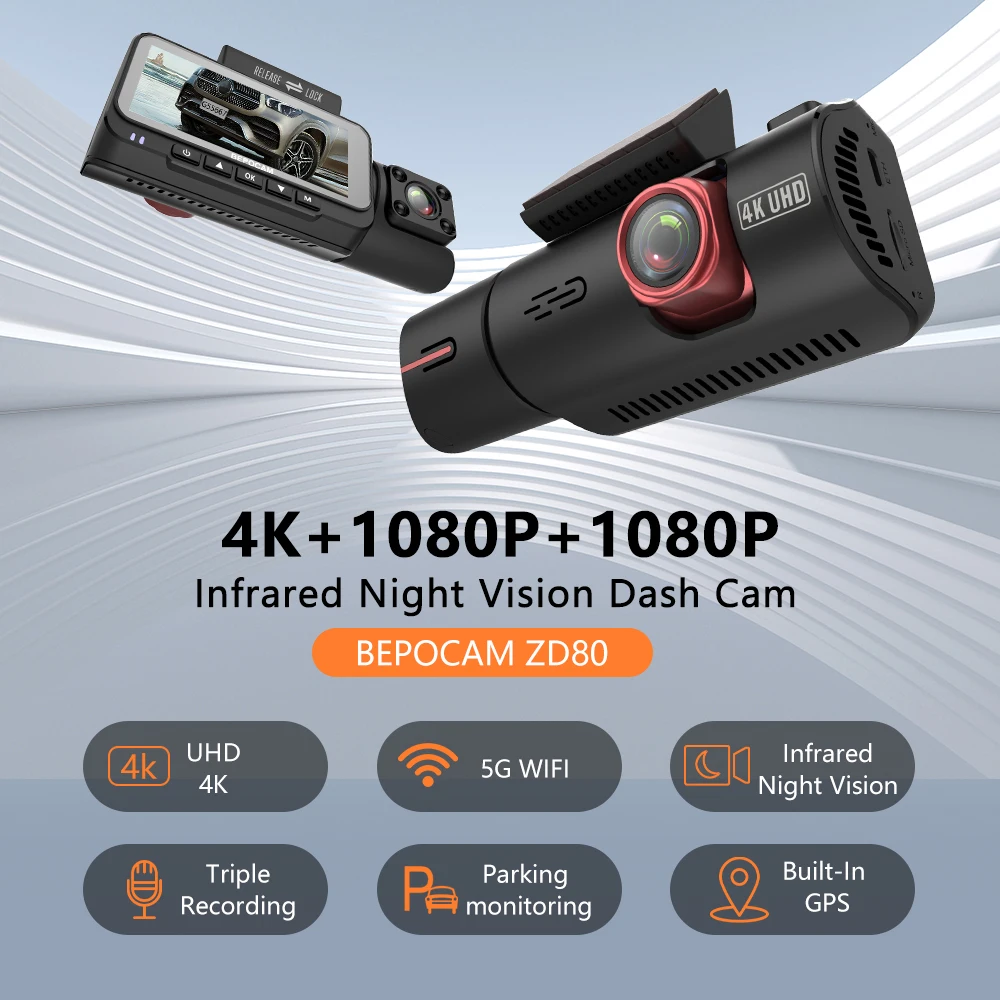 BEPOCAM 4K Dash Cam 3 Lens Dash Camera Built-In GPS Wifi 24H Parking Monitor Night Vision 5G Car DVR Dashcam APP Control ZD80