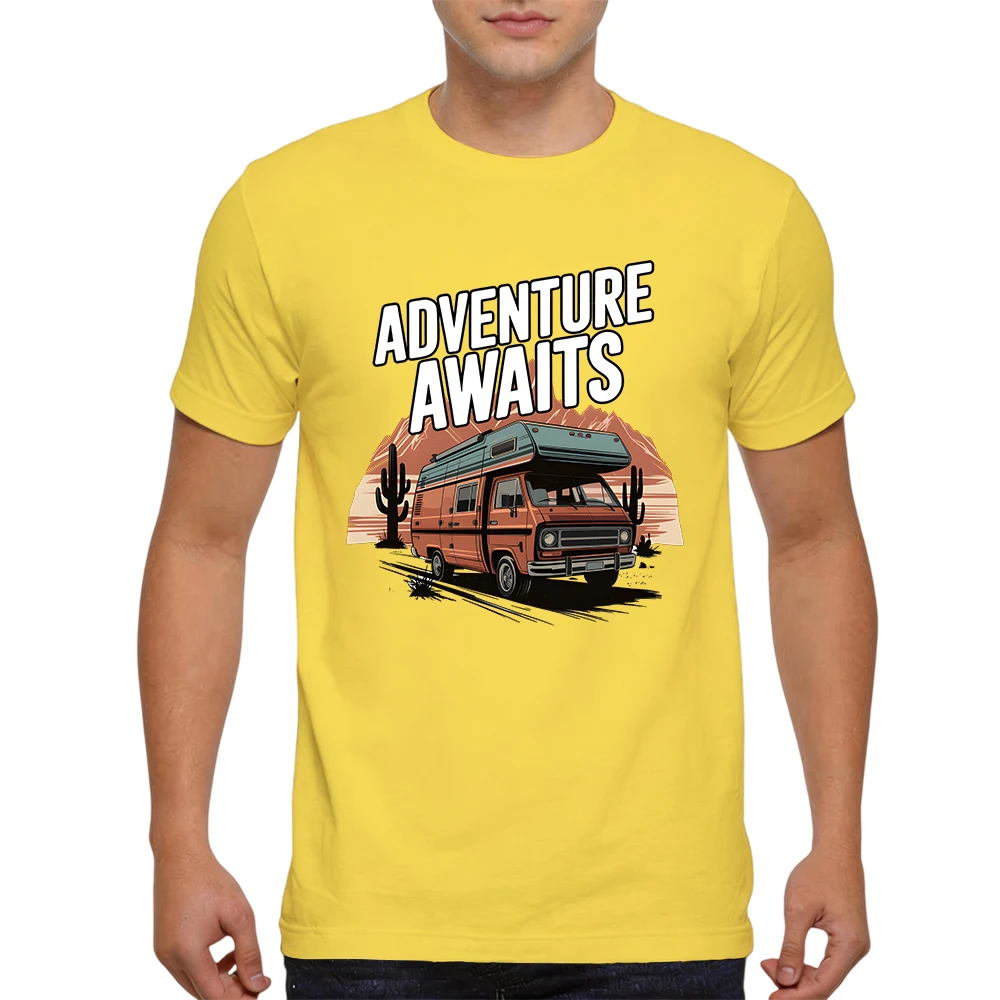 Mens 100% Cotton T Shirt Adventure Awaits Retro RV Camper Van Desert Cactus Mountain Print Breathable Short Sleeve Daily Wear