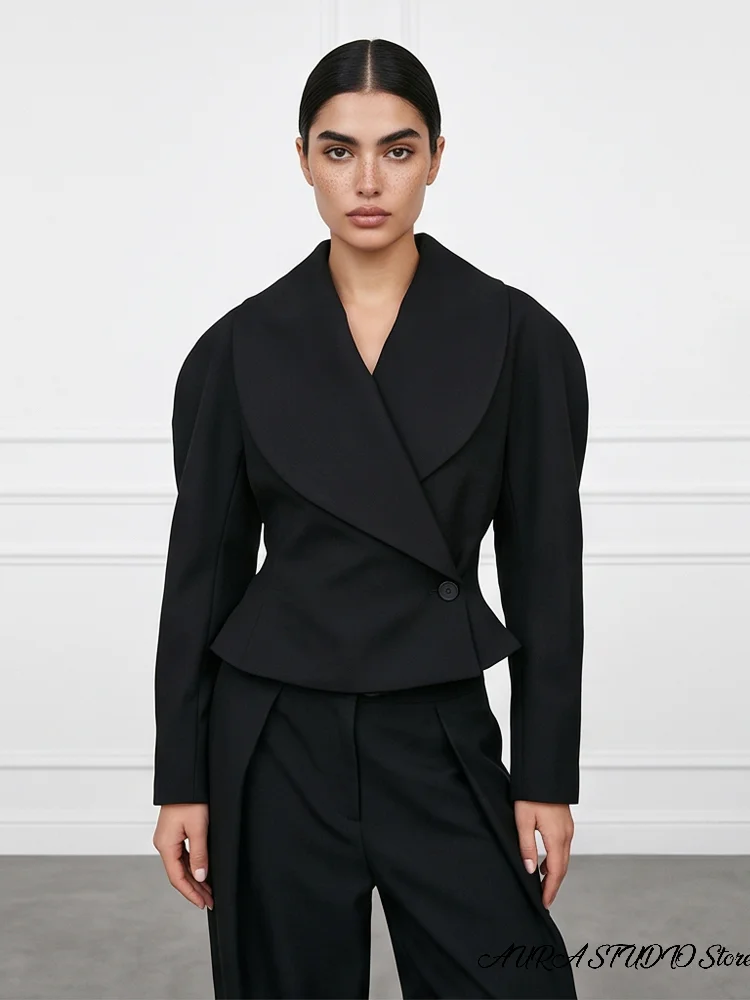 Black Cropped Wrap Blazer Elegant Lapel Long Sleeve Single Button Jackets 2026 Autumn Women's Office Commute Street Outerwear