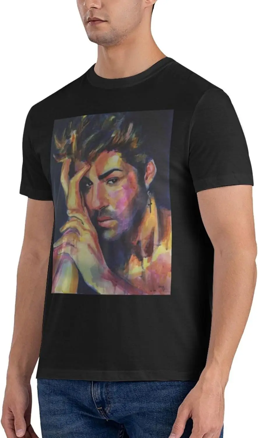 T-Shirt à Manches Courtes et Col Ras du Cou pour Homme, Estival et Décontracté, en Coton, Noir, avec George Music Michael