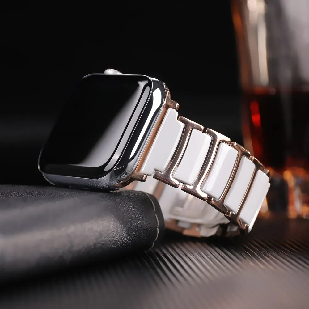 Ceramic With Stainless Steel Strap For Apple Watch Ultra 2 49mm Band 45mm 44mm 42mm 38mm 40 41mm Butterfly Buckle Bracelet SE 9