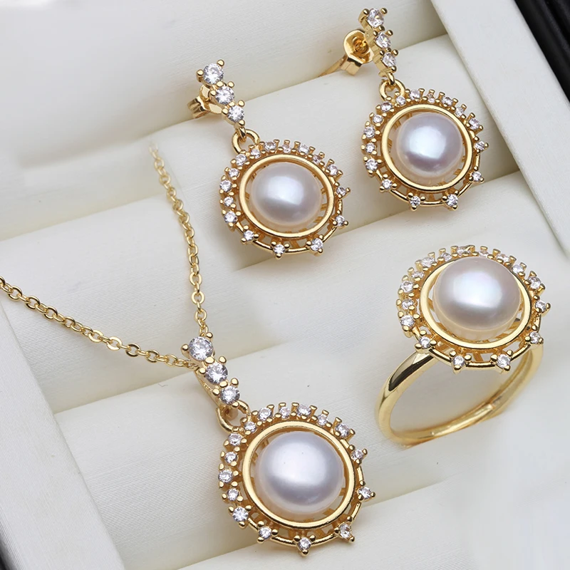 Natural Freshwater Pearl Necklace Earrings Sets For Women,Gold Plated Real Pearl Earrings Necklace Ring Jewelry Sets Korea