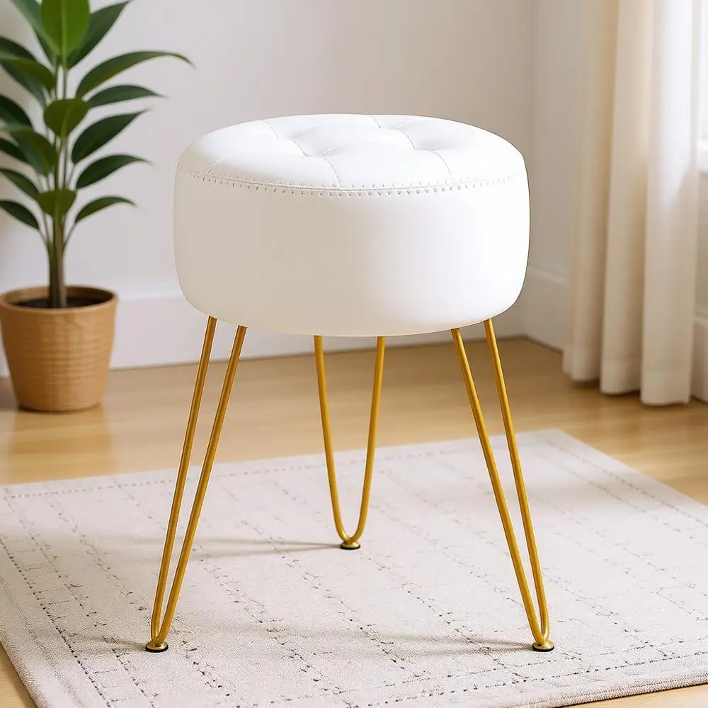 

Кожаный табурет для туалетного столика с металлическими ножками, высота 19 дюймов, подходит для косметической комнаты, спальни, гостиной