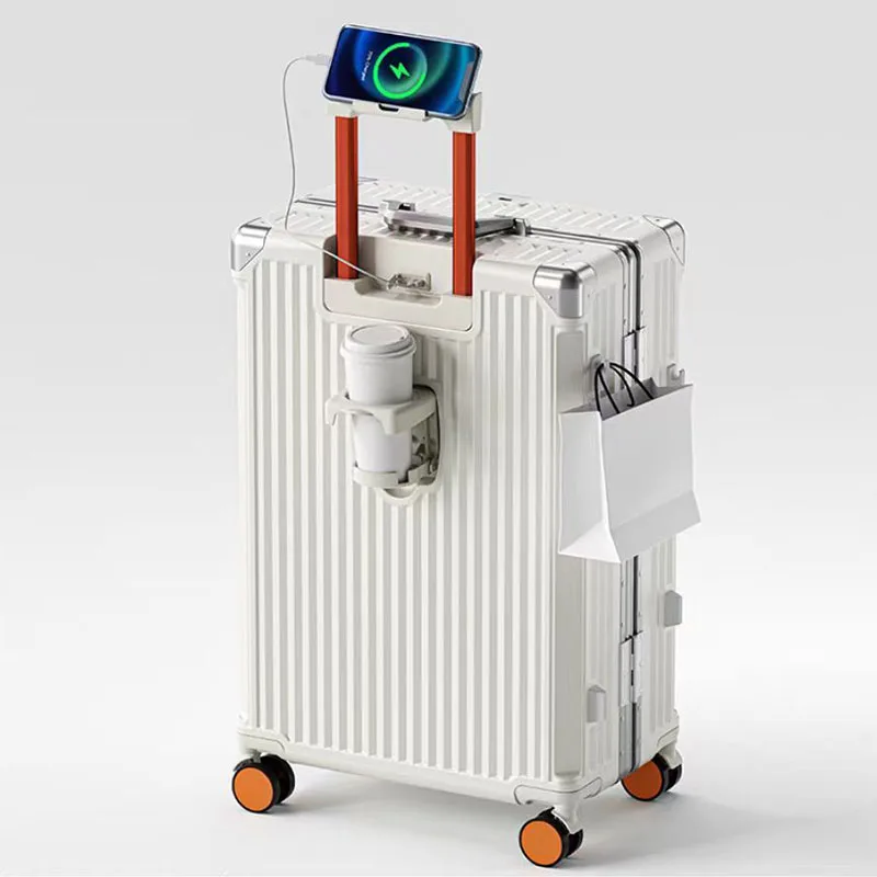 Suitcase Auminum Frame Carry-Ons Female Password Trolley Luggage with USB Cup Holder Male 18/24 Inch Travel Bags Boarding Box