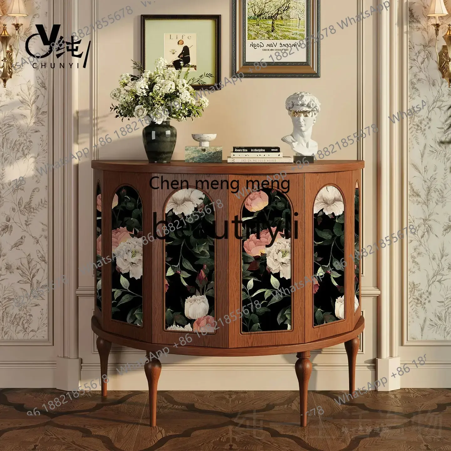 A32 French Floral Solid Wood Entryway Cabinet Vintage Half Round Six-Sided Cabinet Living Room Storage Decorative Cabinet