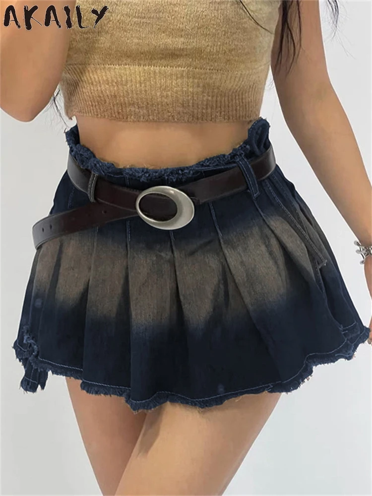 

Akaily Summer Fashion Trend Distressed Denim Pleated Mini Skirts Streetwear For Woman 2024 Wash Print Tassels Y2K Vintage Skirt