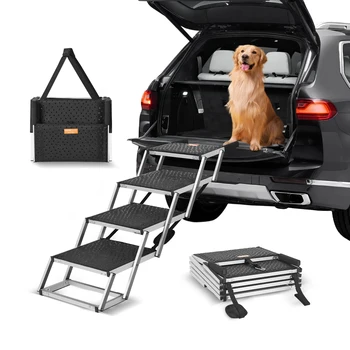 SucceBuy Dog Stair for Cars Wide Dog Car Steps Folding Portable Pet Steps Lightweight Aluminum for Car SUV and Truck 150 lbs 1
