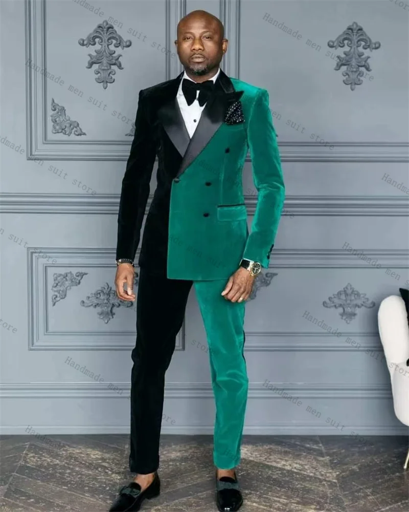 

Velvet Black Green Men Suits 2 Piece Blazer Pants Luxury Autumn Winter Wedding Tuxedo Coat Customized Formal Office Jacket
