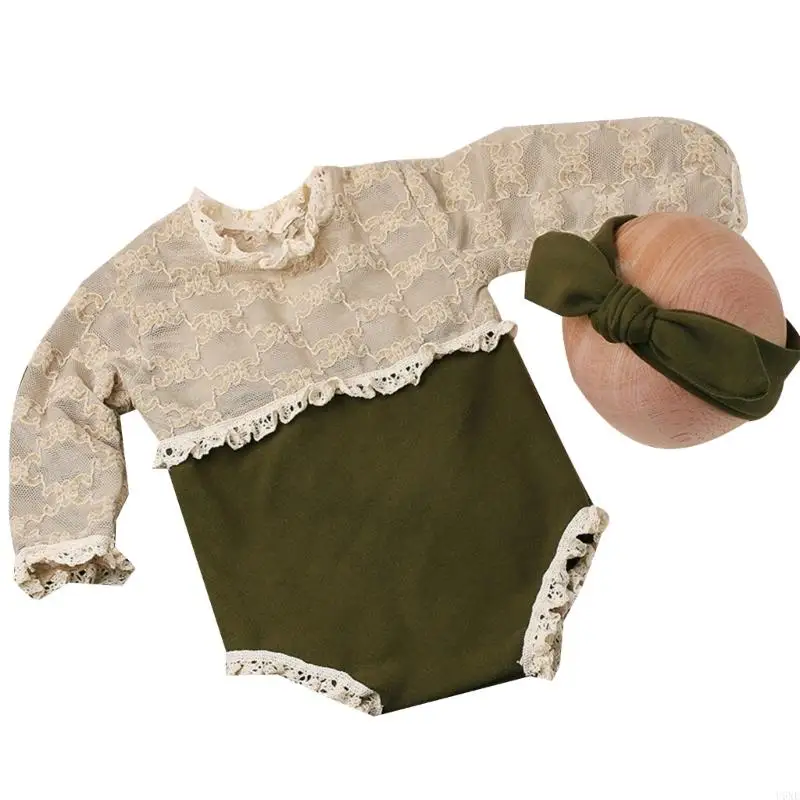 U6XE Newborn Photo Props Bowknot Headband & Lace Jumpsuits Baby Photography Clothes Headdress Long Sleeved Romper for Girl