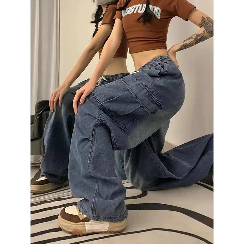 Fairy Grunge Alt Clothes Vintage Streetwear Korean Y2K Baggy Cargo Jeans High Waist Straight Wide Leg Pants Denim Trousers