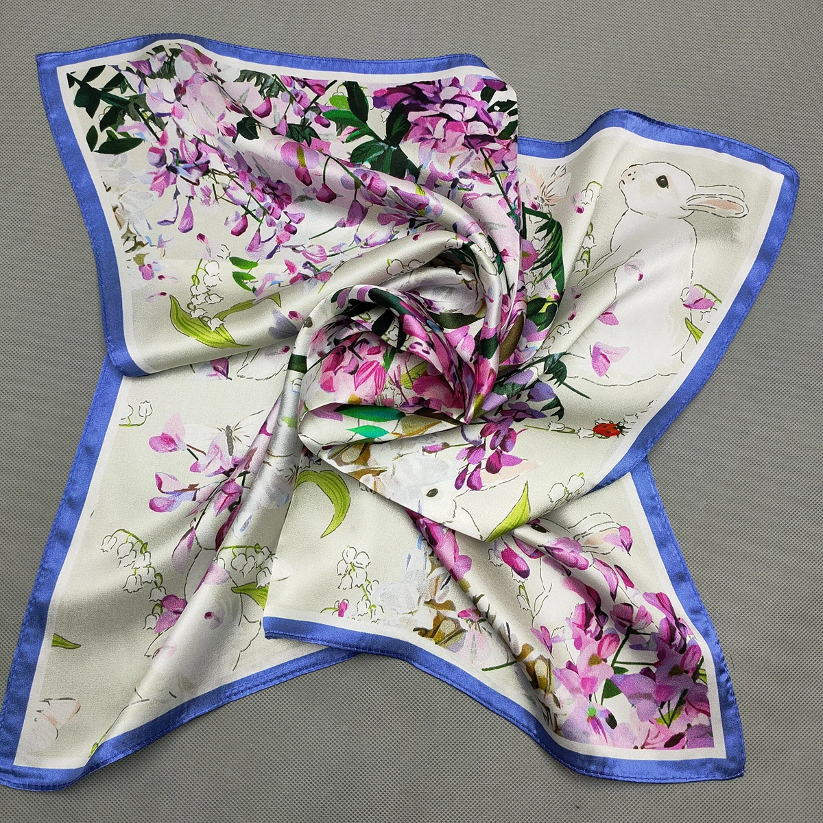 BYSIFA Blue White 100% Mulberry Silk Scarf Women Fashion Rabbts Deisgn Square Scarves Hijabs Fall Winter Brand Accessories