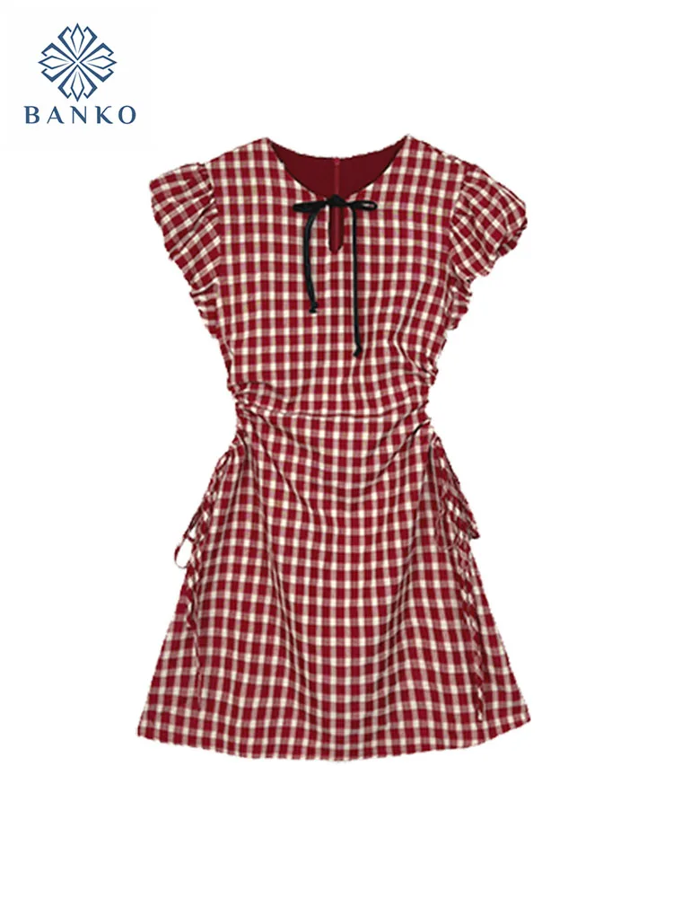 Japanese Prairie Chic Puff Sleeve A-Line Dress Design Sweet O-Neck Bow Mini A-line Dress Women Vintage Plaid One-Piece Frocks