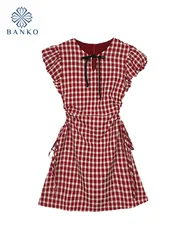 Japanese Prairie Chic Puff Sleeve A-Line Dress Design Sweet O-Neck Bow Mini A-line Dress Women Vintage Plaid One-Piece Frocks