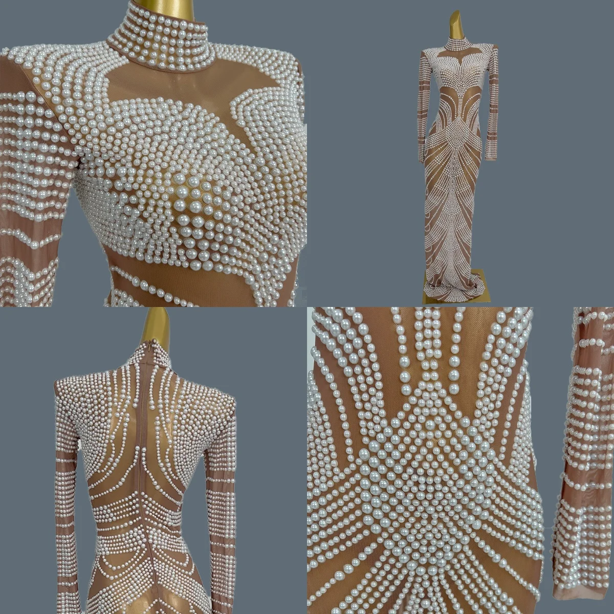 

Sparkly Full White Pearls Long Dress for Sexy Women Mesh Birthday Celebrate Evening Dress Photo Shoot Bar Show Wear Baiyueguang