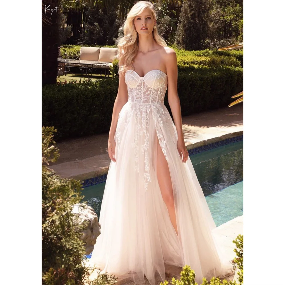 

Kyoto Customized White Flower Embroidery Sleeveless Wedding Dress A-Line Sweep Train vestidos de novia Side High Split Formal