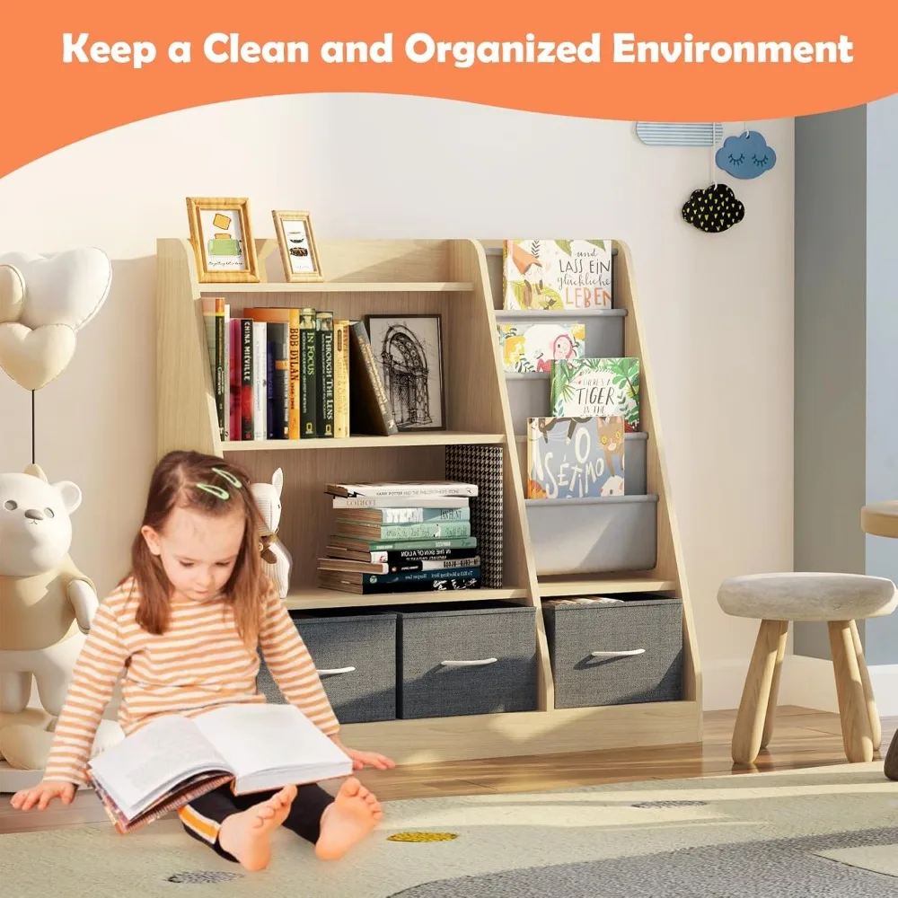 Toddler Bookshelf with Storage Bins, Wooden Nursery Display Shelf, Child Bookcase Organizer for Toys