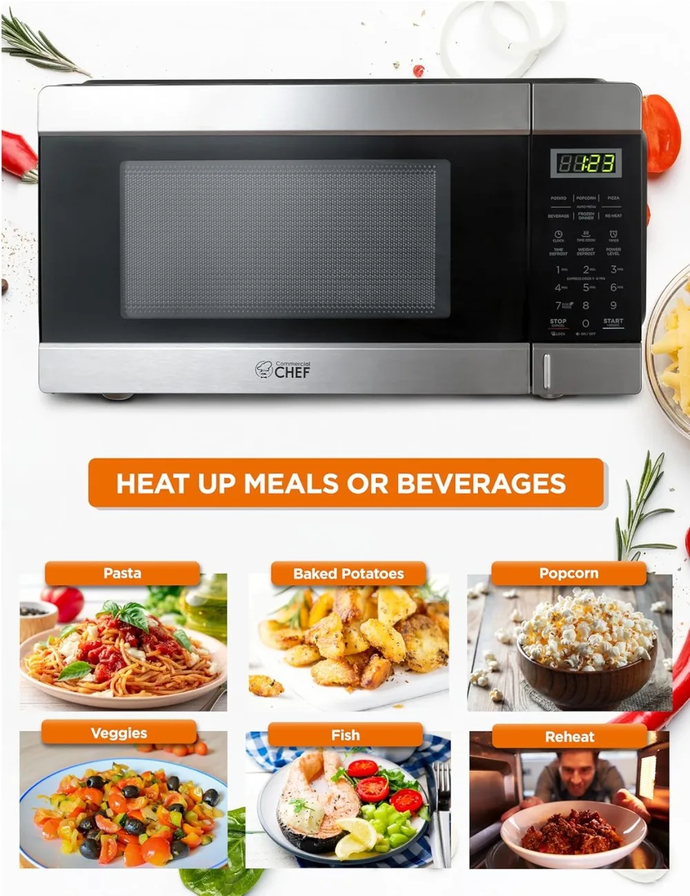 COMMERCIAL CHEF 1.1 Cu Ft Microwave with 10 Power Levels, Small Microwave with Push Button, 1000W Countertop Microwave