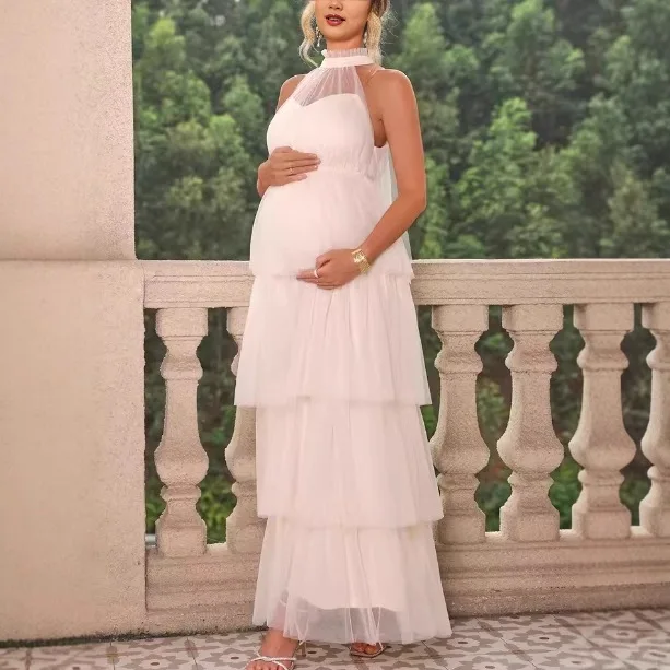 Элегантное вечернее платье, однотонное сетчатое каскадное платье с рюшами для беременных, с круглым вырезом, без рукавов, реквизит для фотосессии, платье для беременных