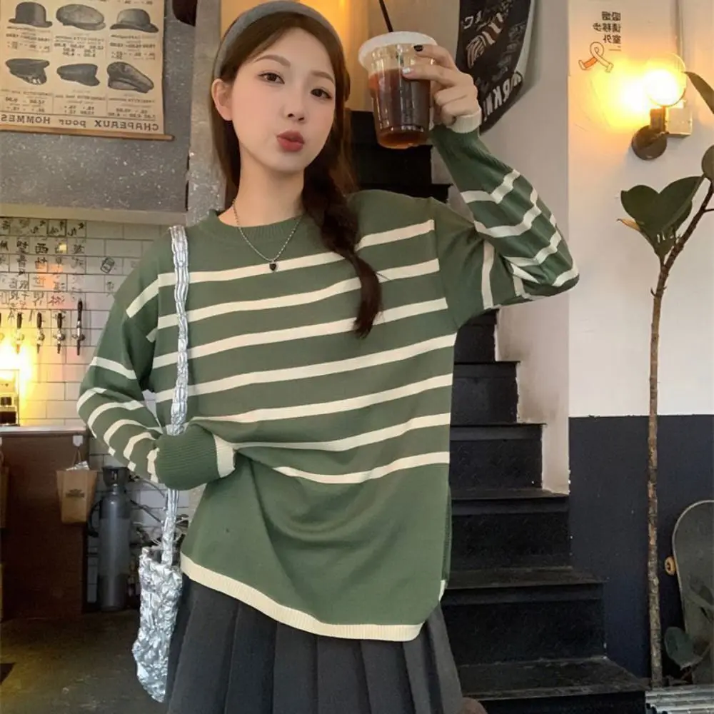 عادية الخامس الرقبة شريط كم طويل علوي سليم صالح رقيقة Y2k المرقعة تريكو البلوز التلبيب تي شيرت مخطط الخريف الربيع