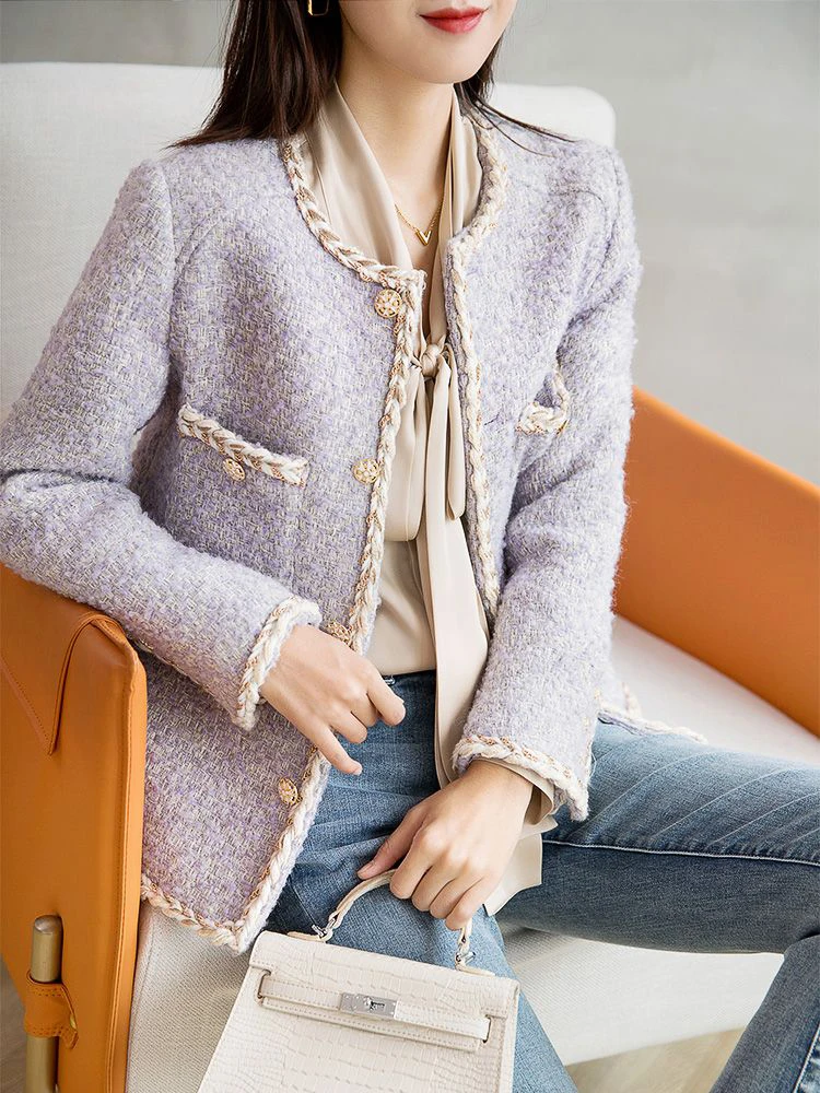 Purple Elegant Women's Tweed Cardigan Jacket Autumn and Winter Short Light Luxury Coat High-grade Thickened Office Lady Suit Top