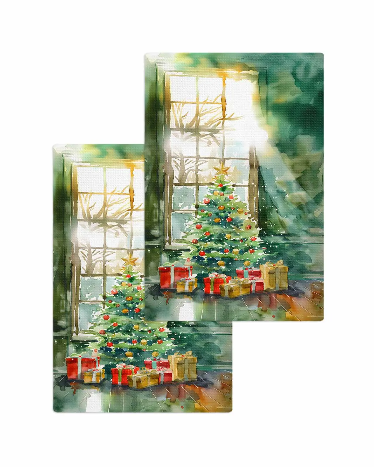 Christmas Tree Watercolor Lantern Gift Window View 30*30cm Waffle Microfiber Kitchen Towel Cleaning Cloth Scouring Wiping Rag