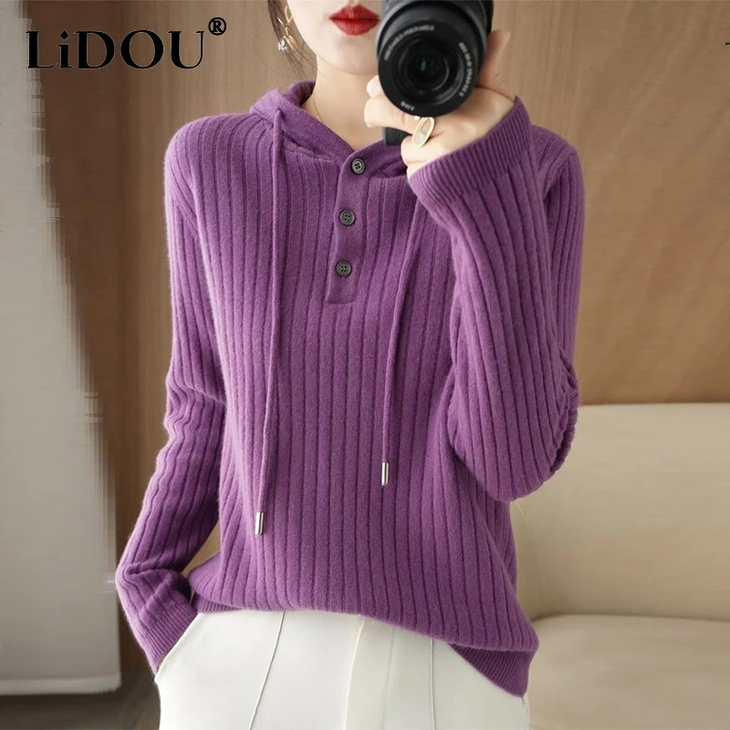 Spring Autumn Women\'s Solid Loose Casual Sweater Hoodies Female Elegant Simple Pullover Top All-match Knitting Jumper Outwear