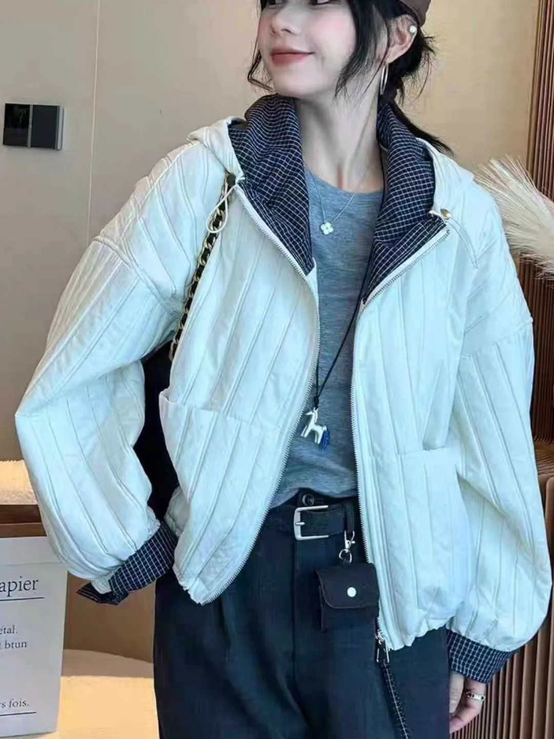 

Женская свободная тонкая хлопковая куртка с капюшоном, длинными рукавами, утолщенная, на молнии, в корейском стиле, универсальная верхняя одежда