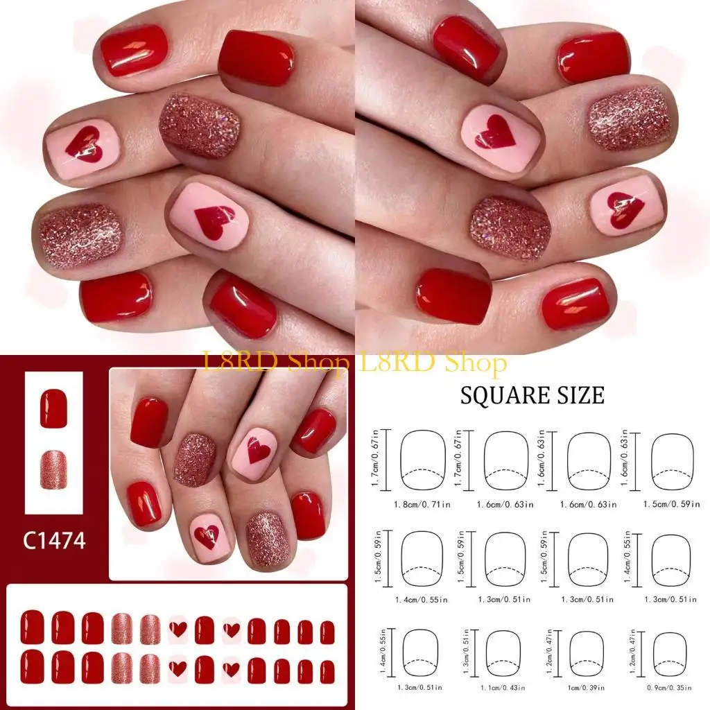L8RD 24Pcs Glitters Red Heart Square Fake Short Party Date Art Set