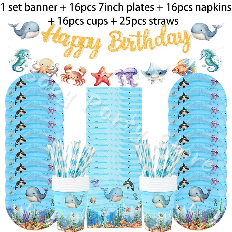 Blue Sea World Wal-Einweggeschirr-Set, Teller, Becher, Servietten mit Ozean-Thema, Geburtstags- und Feiertagsparty-Zubehör, Dekoration, Geschenk