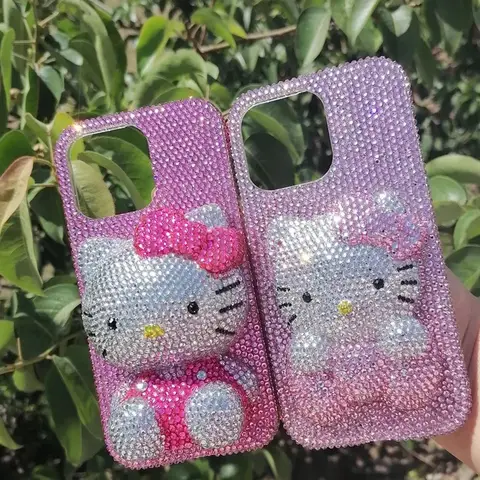 Hello Kitty Rhinestone Bling Crystal Phone Case Chain For iPhone17 16 15 14 13 12 11Pro Max X Xs XR 7 8 Plus Transparent Bumper 