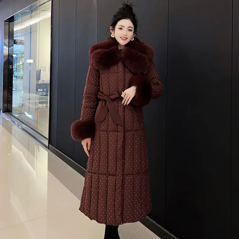 Mit Gürtel Lange Mit Kapuze Parkas Winter Baumwolle Gefütterte Jacke Faux-Fuchs Pelz Warme Mantel Frauen Dicke Puffer Weibliche Casual oberbekleidung