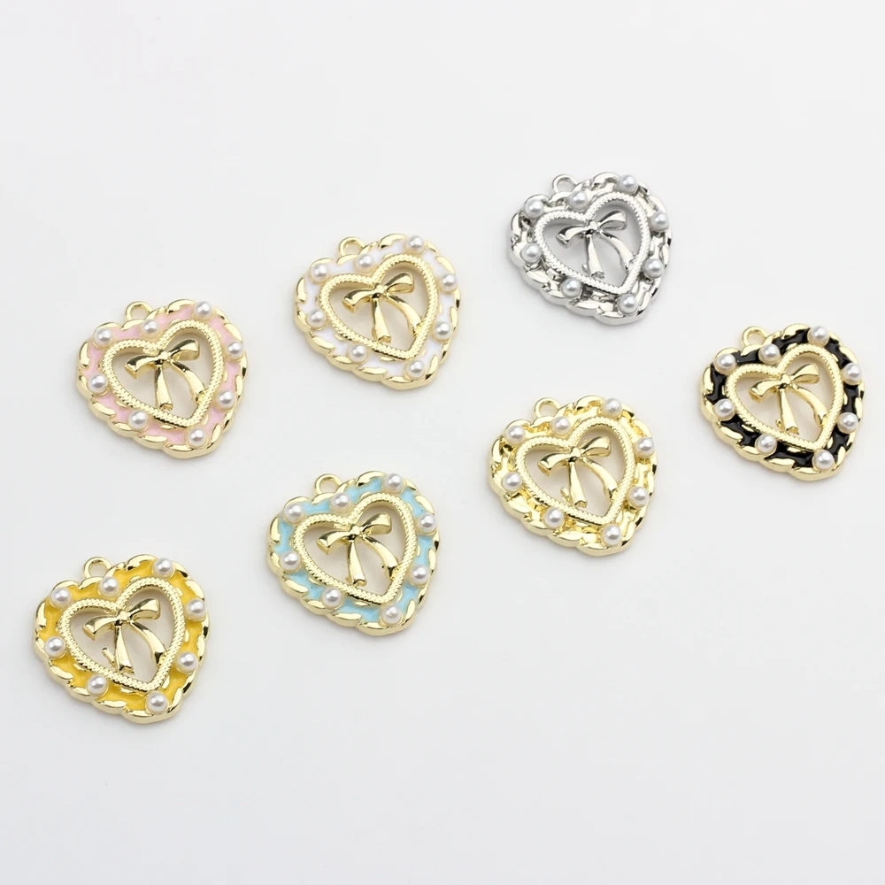 Zinc Alloy  Enamel Hollow Lace Heart Bow-knot Charms 6pcs/lot For DIY Jewelry Making Drop Earrings Accessories