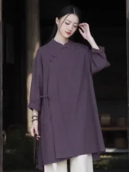 2024 New Chinese Style Retro Cotton and Linen Tops China Traditional Clothing Women Mid-length Shirt Vintage Solid Color