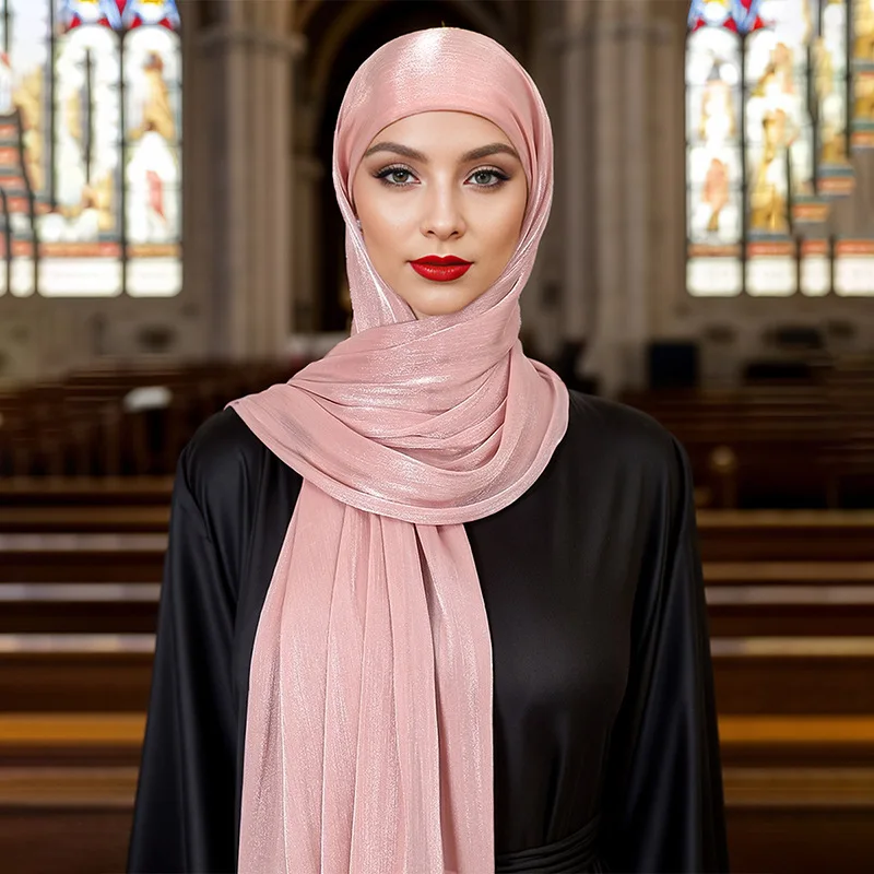 New Metallic Crepe Scarf with Tie Cap, Women's Turban Headwrap Shawl Set, Malaysia Hot Sale Hijab Cross Border Export