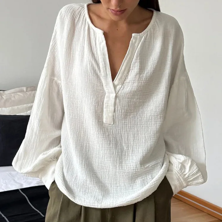 

Lantern Sleeve Loose Casual Pure Cotton Shirt 2025 Autumn Fashion New Top for Women