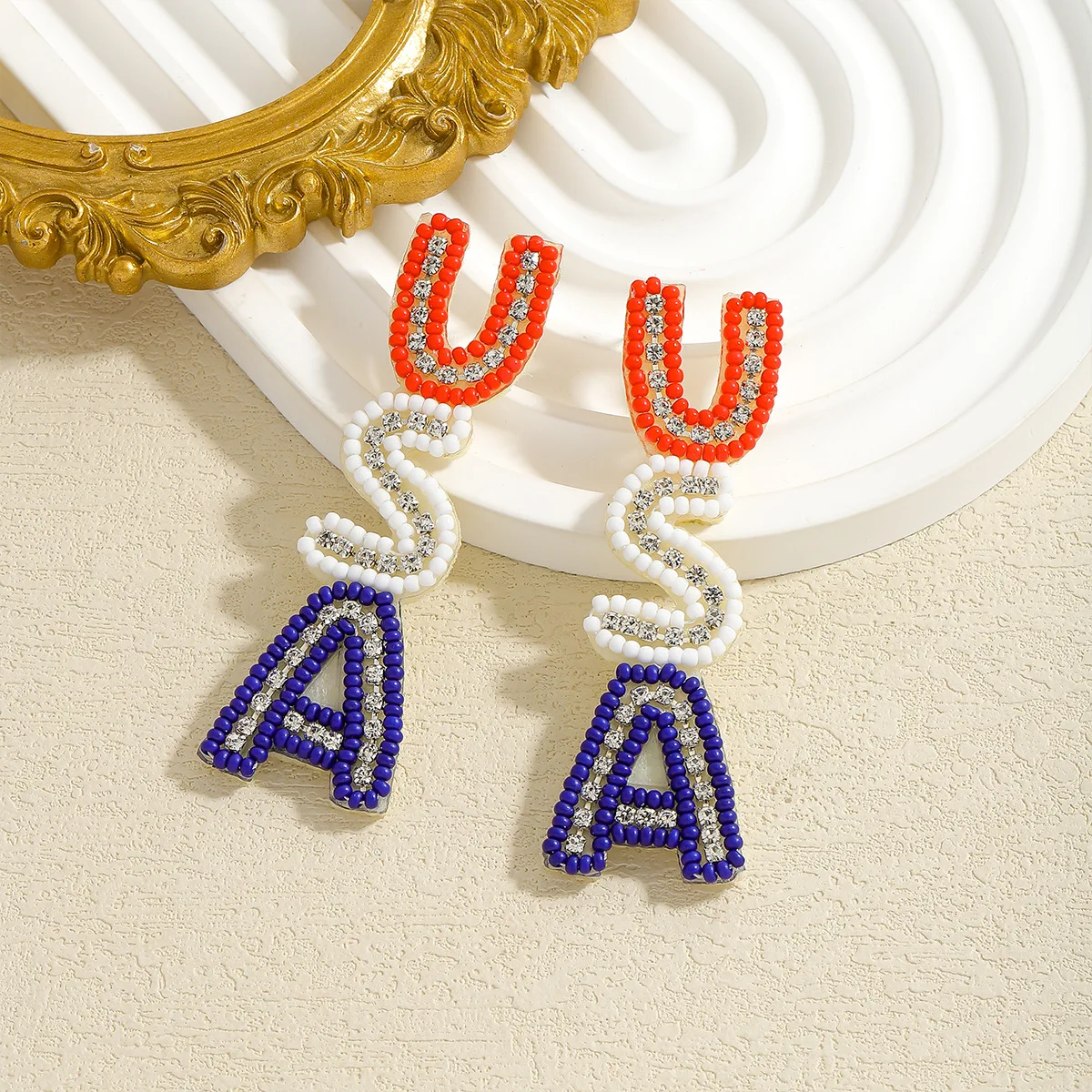 Cross-border rice beads with diamonds and letters usa independence day carnival earrings retro high-end luxury personalized earr