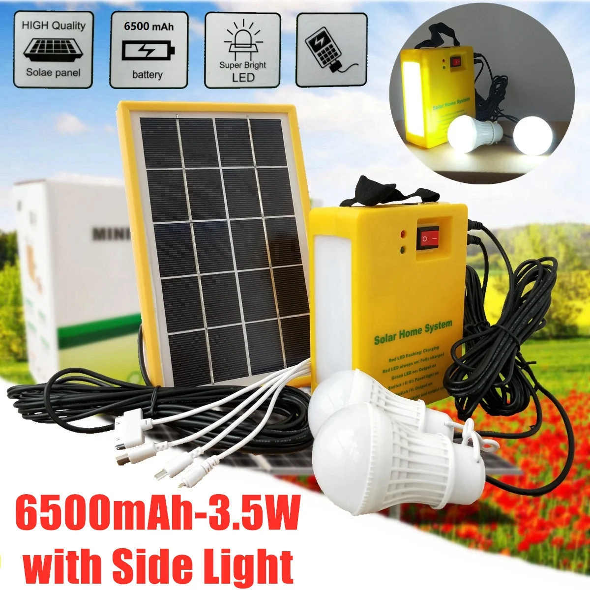 Solar Power Panel Generator Home System Kit With 3 LED Bulbs Solar Lamp  Emergency Light 4 Heads USB Charging for Outdoor Garden, image size:1200x1200