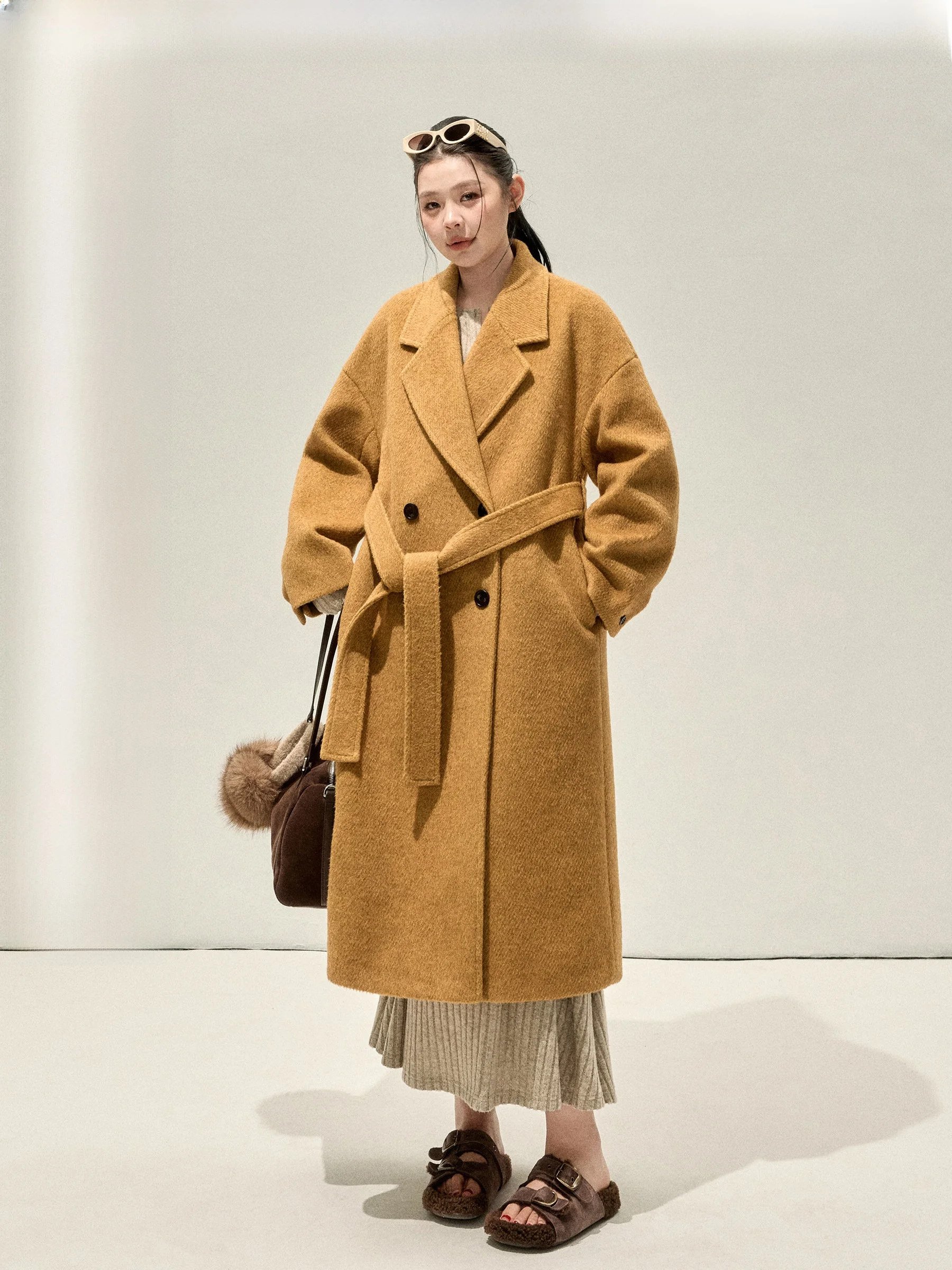 

Шерстяное пальто Jiulu Studio большого размера с поясом для талии, для полных женщин, длинный кардиган на зиму