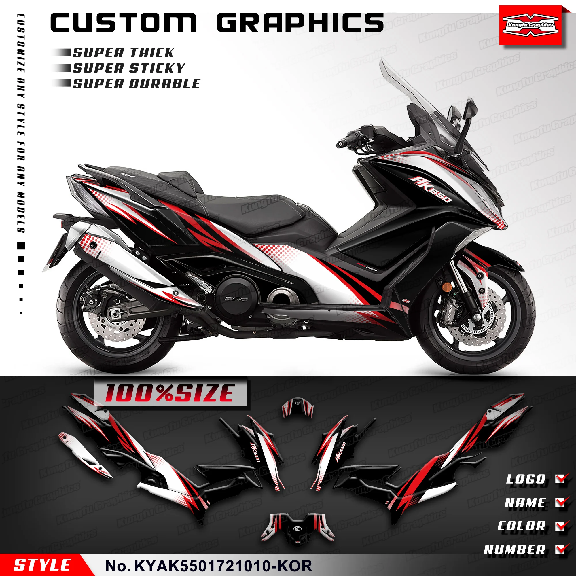 

KUNGFU GRAPHICS Full Decal Sports Scooter Sticker Kit for KYMCO AK550 2017 2018 2019 2020 2021, KYAK5501721010-KOR