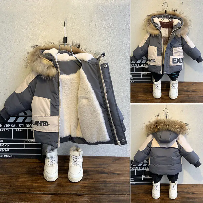 

2025 New Winter Boys Coat Baby Fur Collar Hooded Cotton Plus Velvet Thicken Warm Jacket For Children's Coat For Boys 2-8 Years