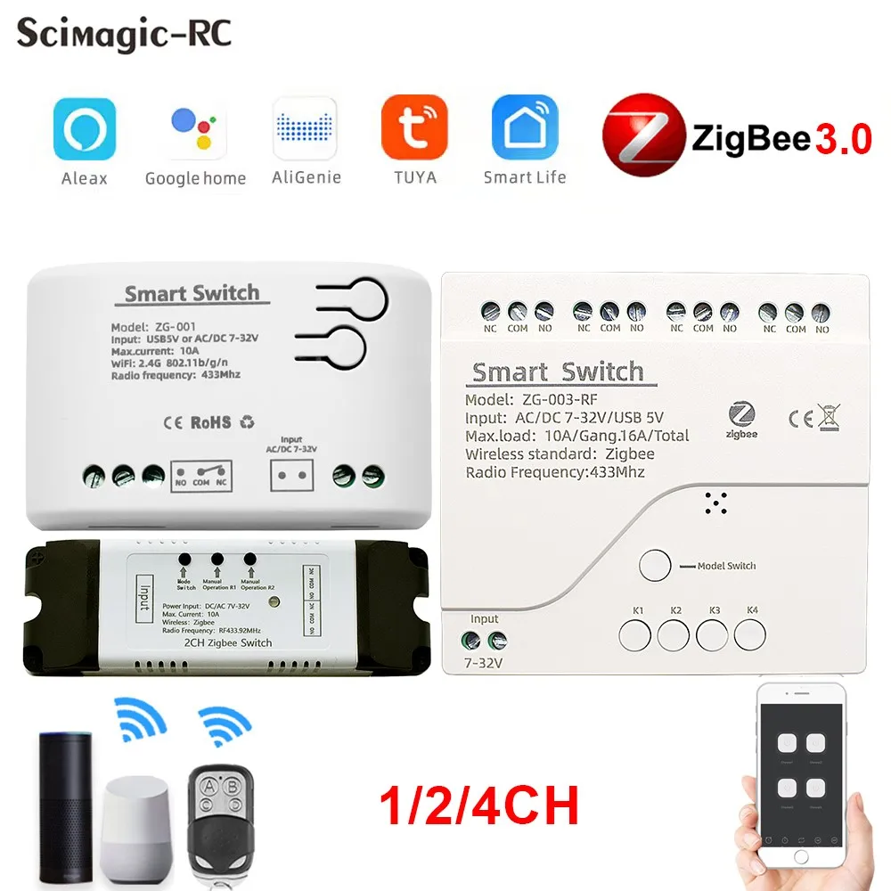 Tuya Zigbee Garage Door Receiver 1/2/4CH RF Smart Switch 7-32V 85-250V Relay 10A 433Mhz Remote Control Light Switch