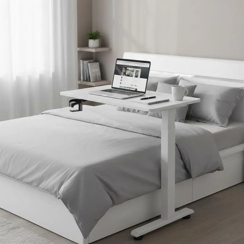 

Mobile Bedside Workstation 31.5" x 15.7" For Bedroom Hospital Dorm, Height Adjustable Rolling Laptop Desk Cup Holder Integrated Hidden Casters White Particleboard Construction