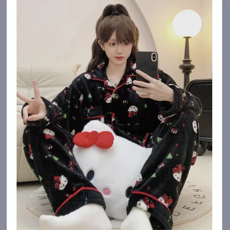 Hello Kitty Pajamas Christmas Cartoon Pure Cotton Autumn New Christmas Tree Women\'s Pajamas Sanrio Casual Loungewear Set