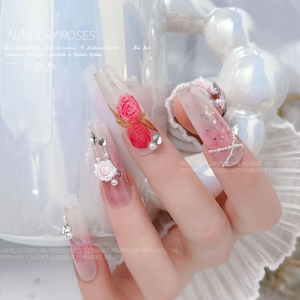 50 Pcs 3D Mixed Size Rose Flower Nails Accessories Resin Gradient