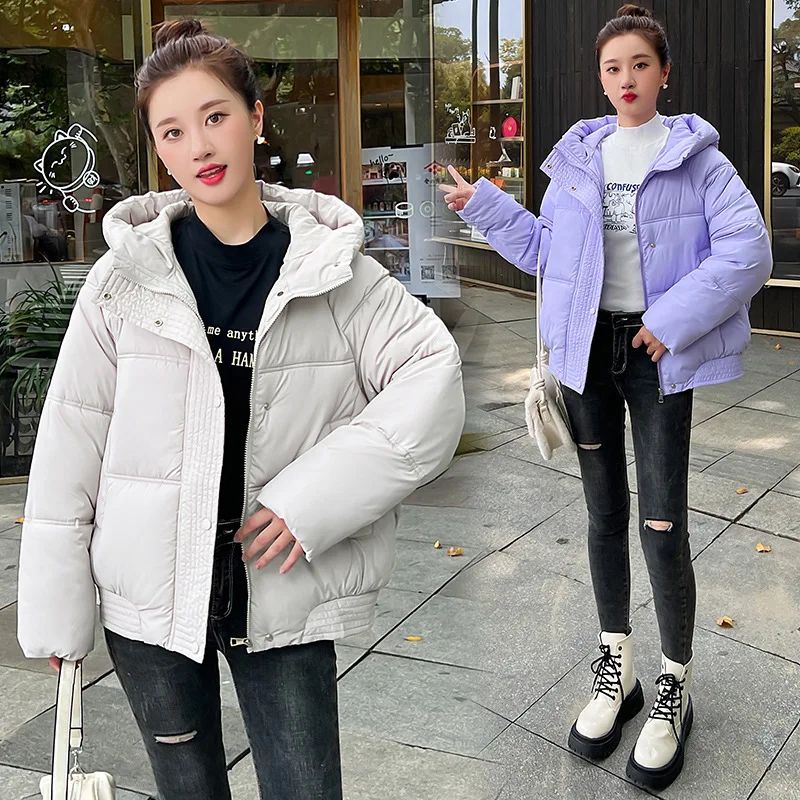 Korean Winter Coat Women Long Sleeve Hooded Parka Thick Warm Puffer Jacket Loose Casual Outerwear Black White Purple Jackets