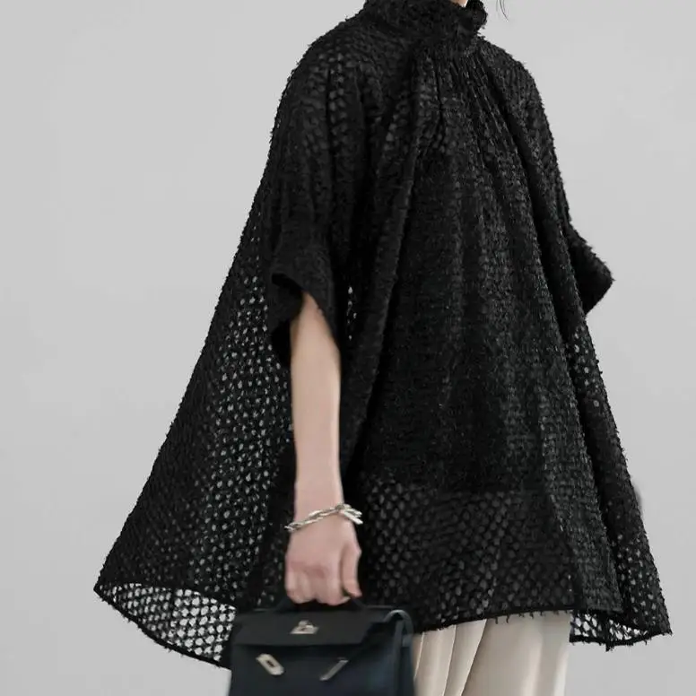 

Loose Women's irt Thin Floral Embroidery Stand Collar Transparent Polyester Fiber Summer Faion Ladies' Premium Blouse