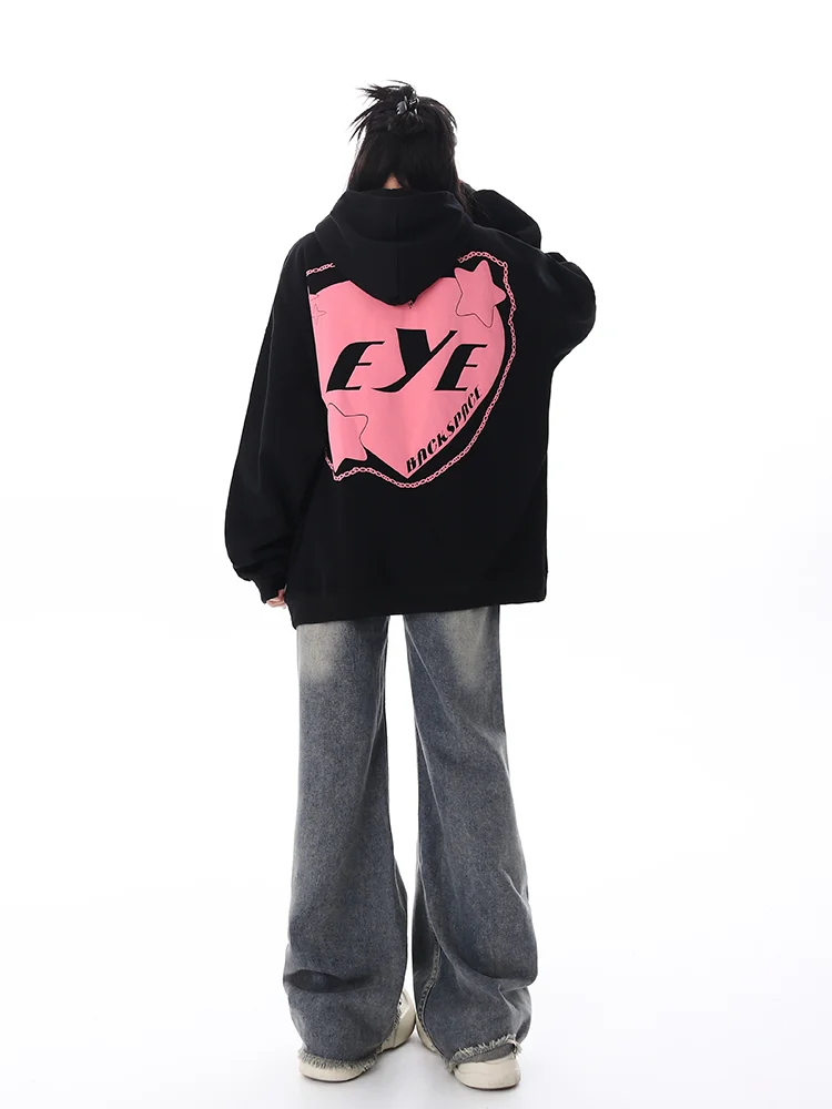 American Retro High Street Long-sleeved Sweatshirt Women's Autumn winter plus velvet Hooded Letter Printed Loose Pullover